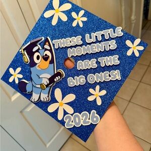 Blue Glitter Graduation Cap Topper with Cartoon Dog and '2026'